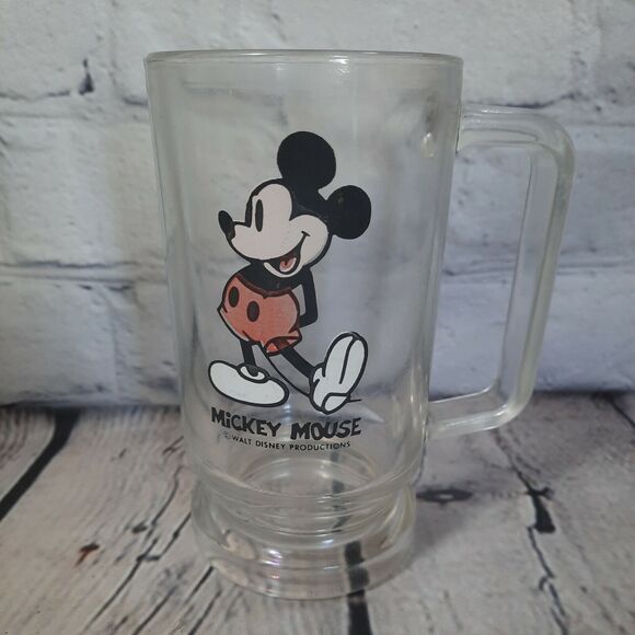 Vtg‎ Walt Disney Productions Mickey Mouse Heavy Clear Glass Mug Cup Stein 5 3/4" - Picture 1 of 5